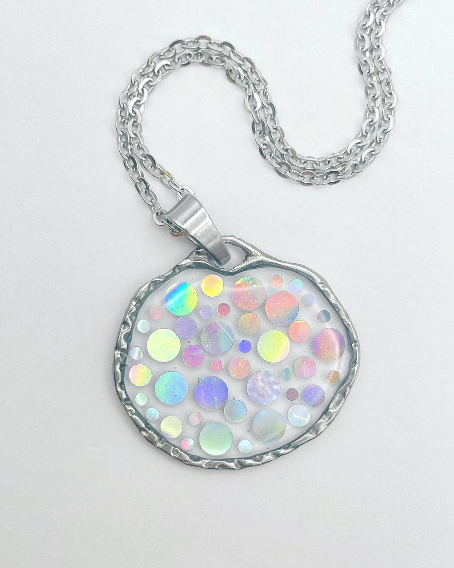 Small disco pendant necklace with  holographic silver sparkles