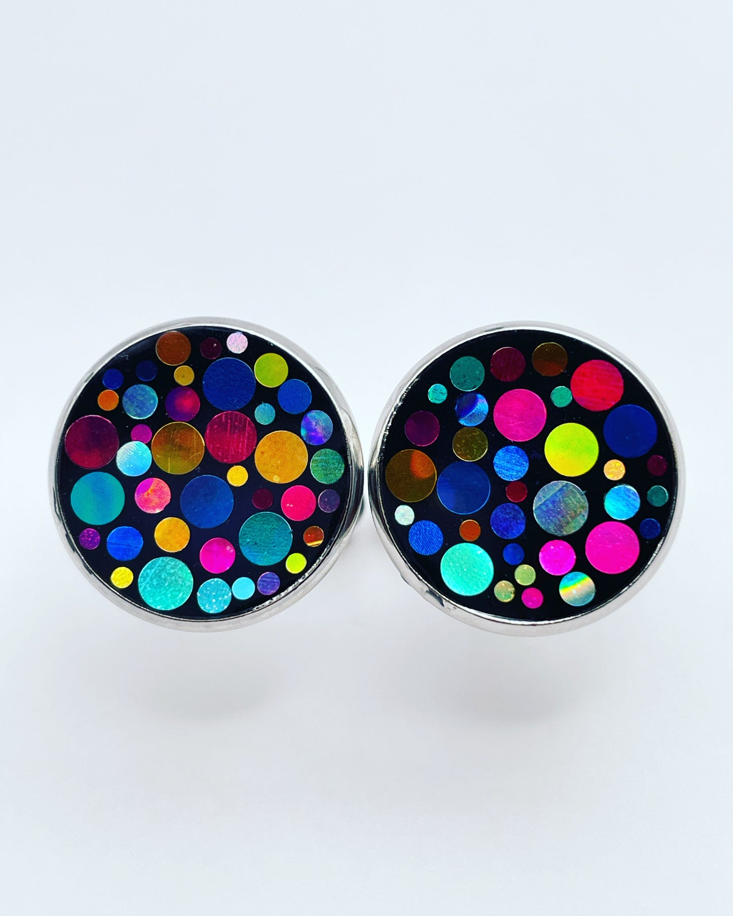 Disco cufflinks with colourful sparkles in 14mm