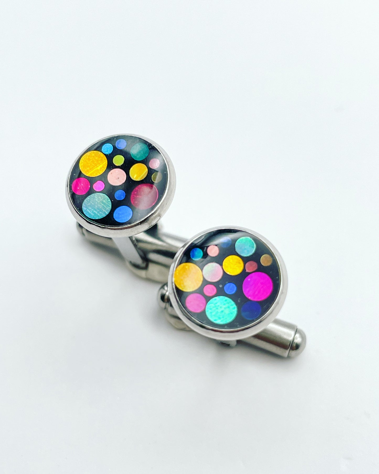 Disco cufflinks with colourful sparkles in 10mm