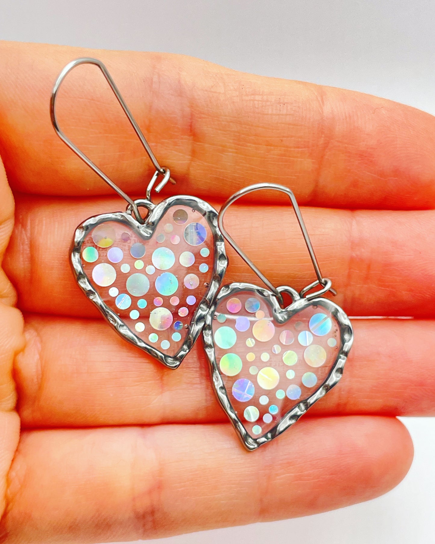 Disco heart earrings with  holographic silver sparkles