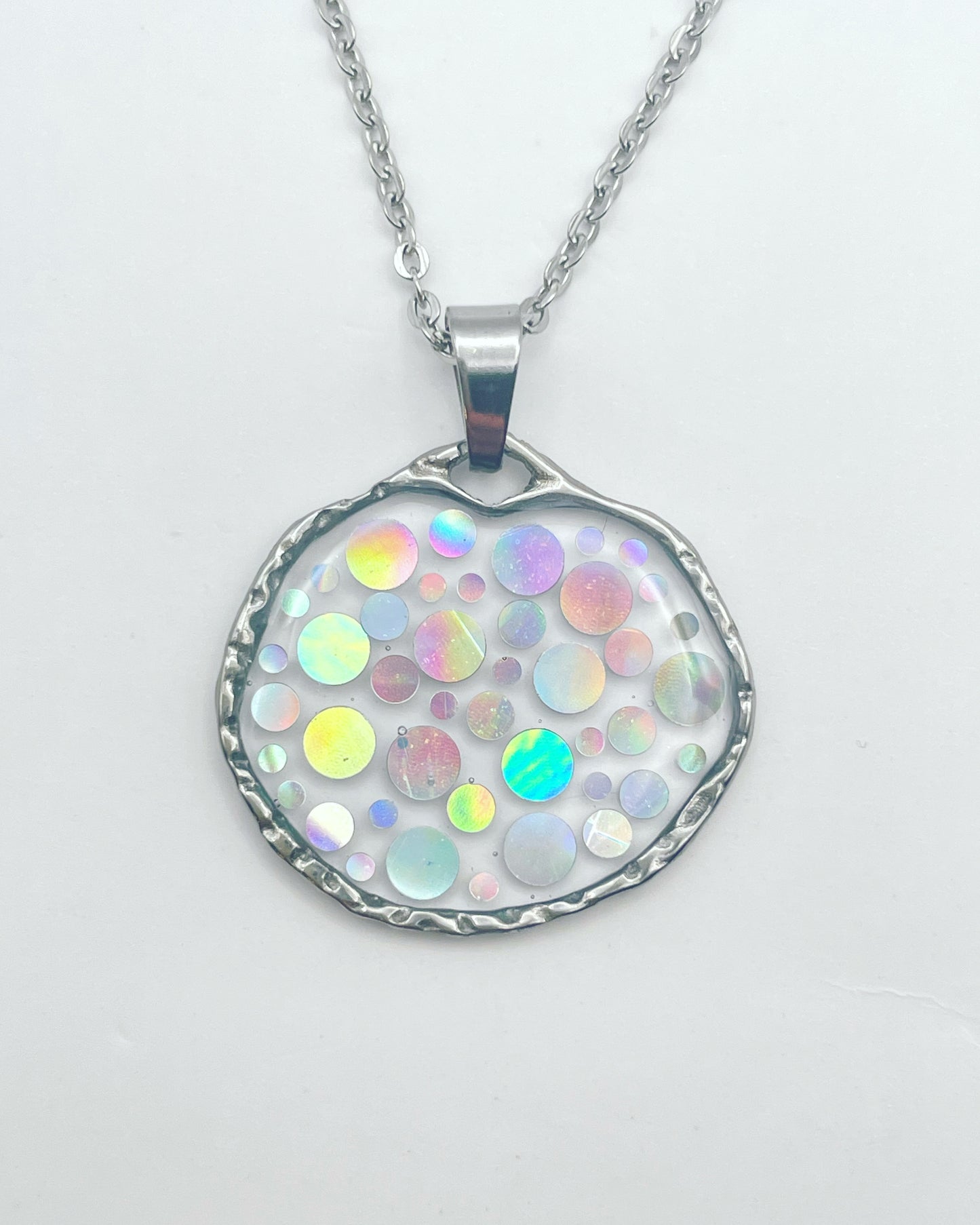 Small disco pendant necklace with  holographic silver sparkles