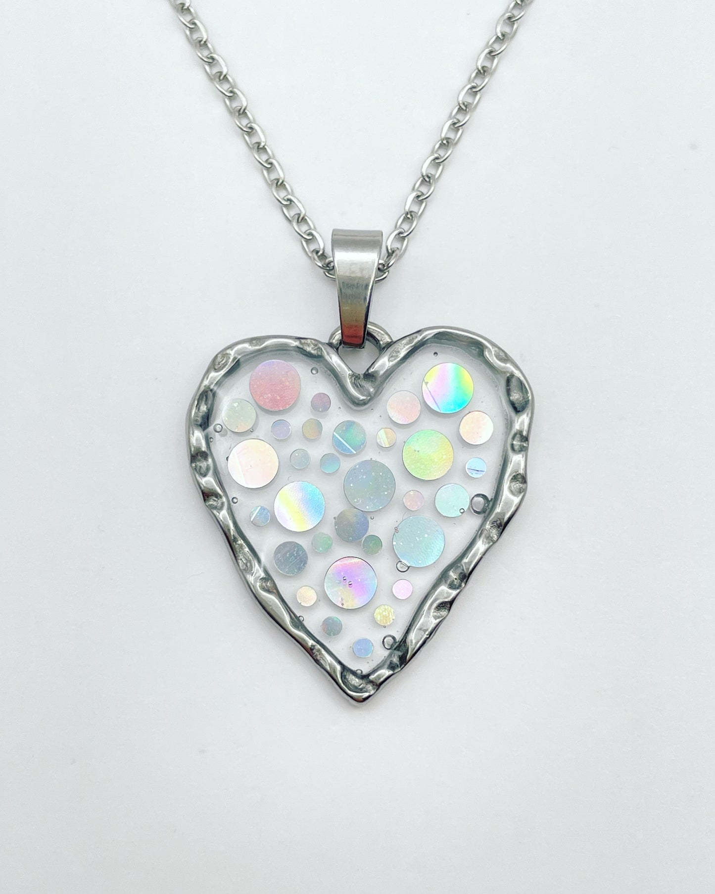 Disco heart necklace with holographic silver sparkles