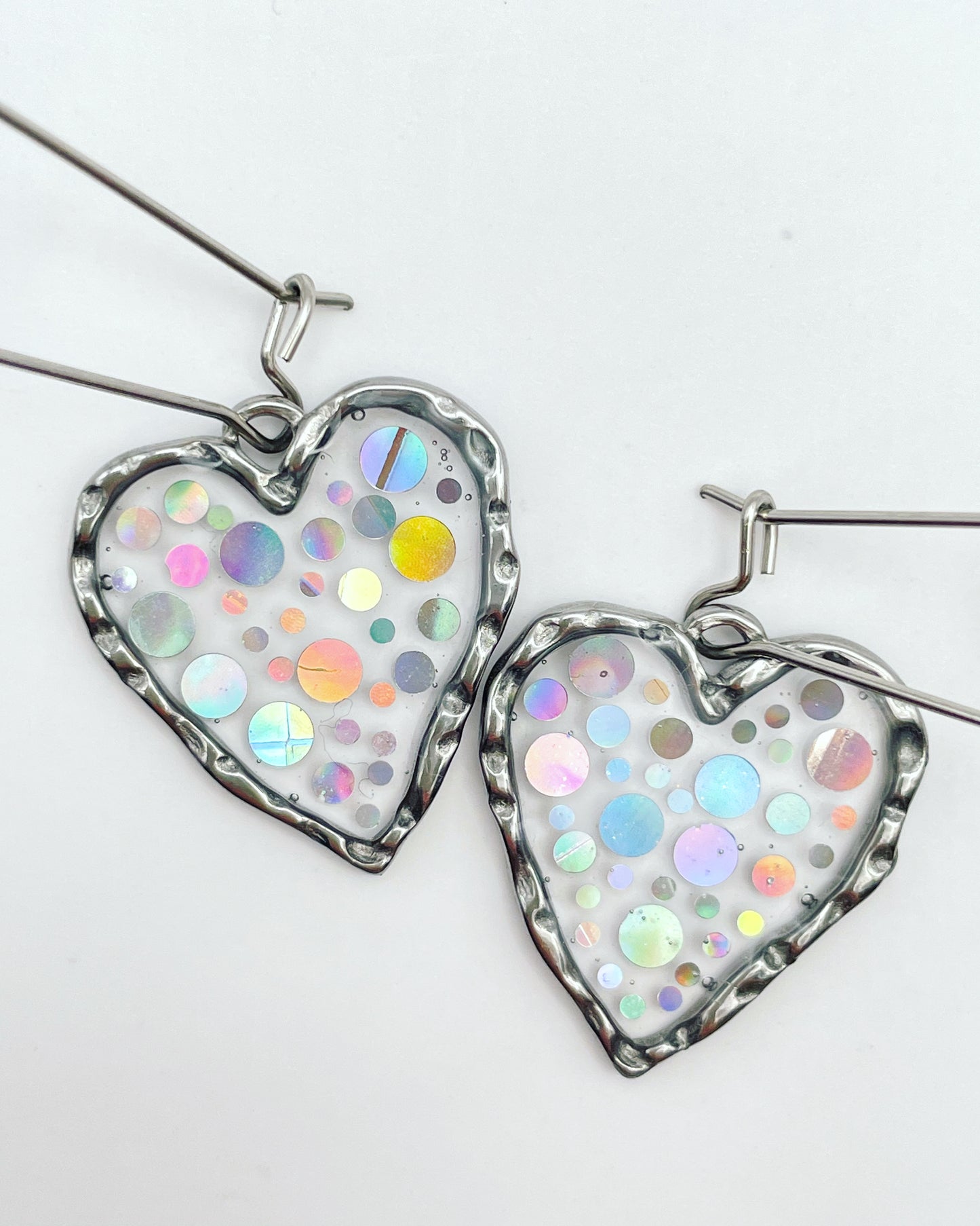 Disco heart earrings with  holographic silver sparkles