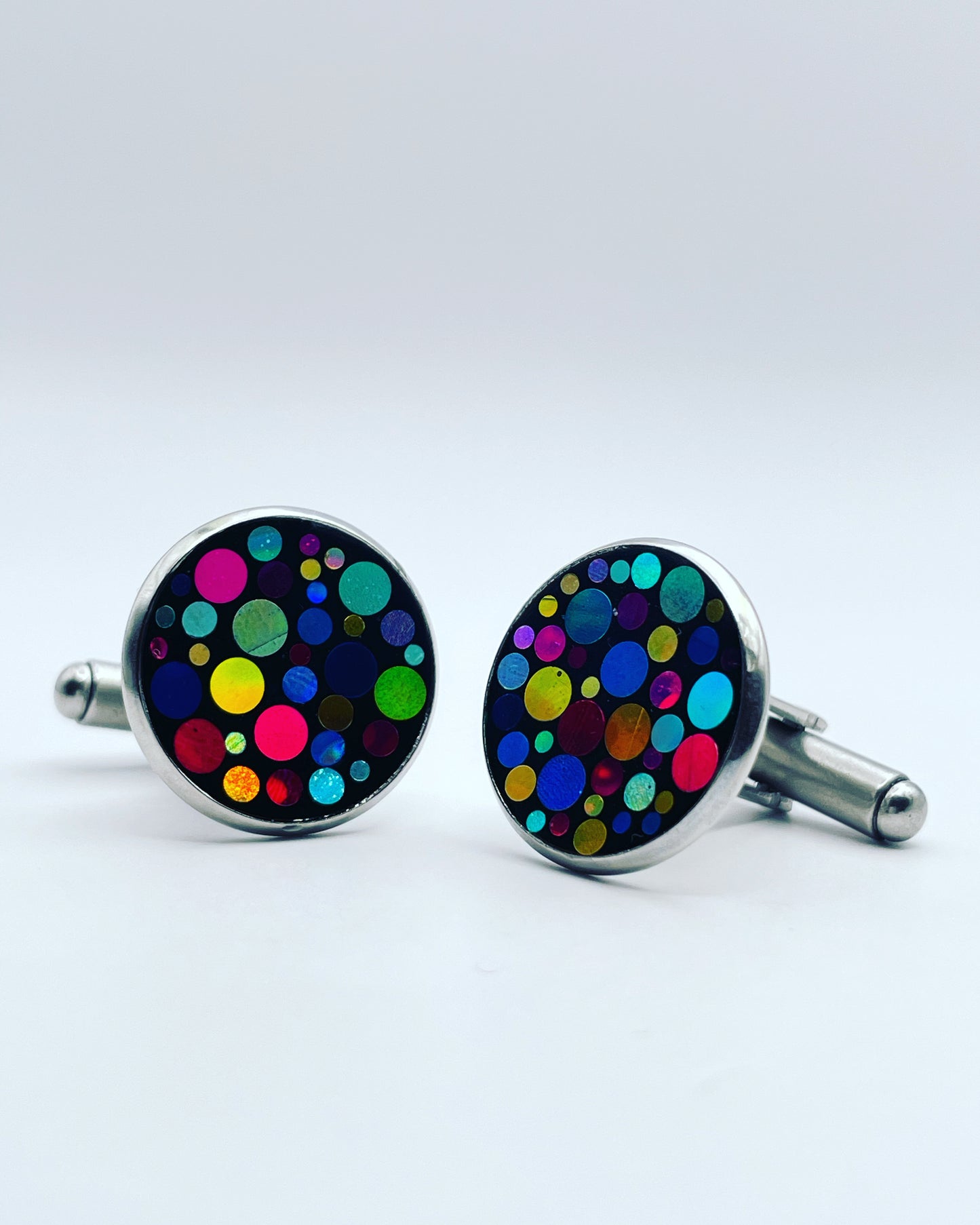 Disco cufflinks with colourful sparkles in 14mm