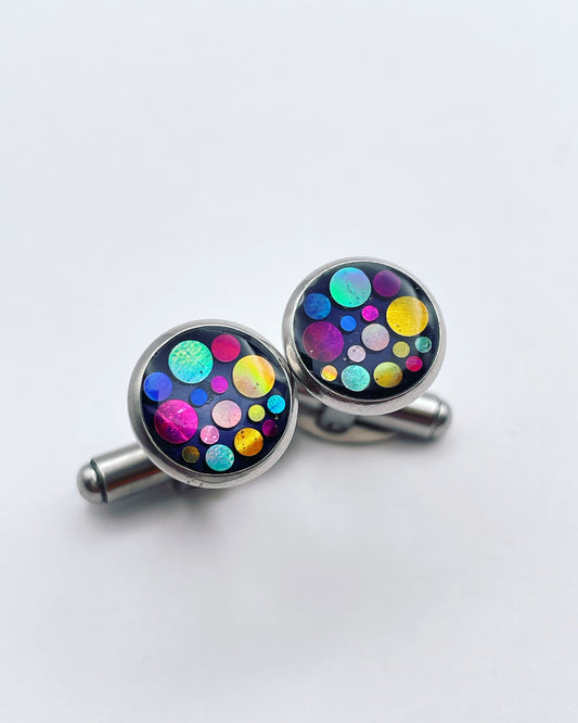 Disco cufflinks with colourful sparkles in 10mm