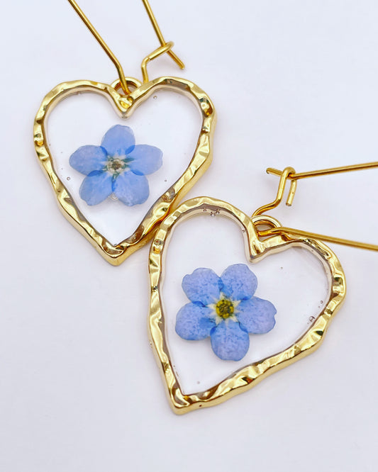 Heart drop earrings with forget-me-not flowers