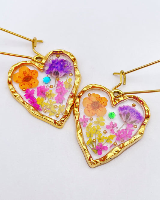 Heart dangle earrings with pastel flowers in gold or silver