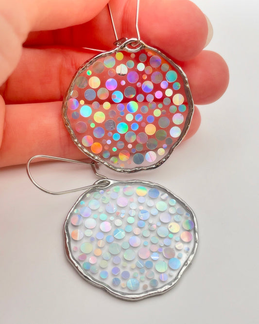 Medium disco earrings with holographic silver sparkles