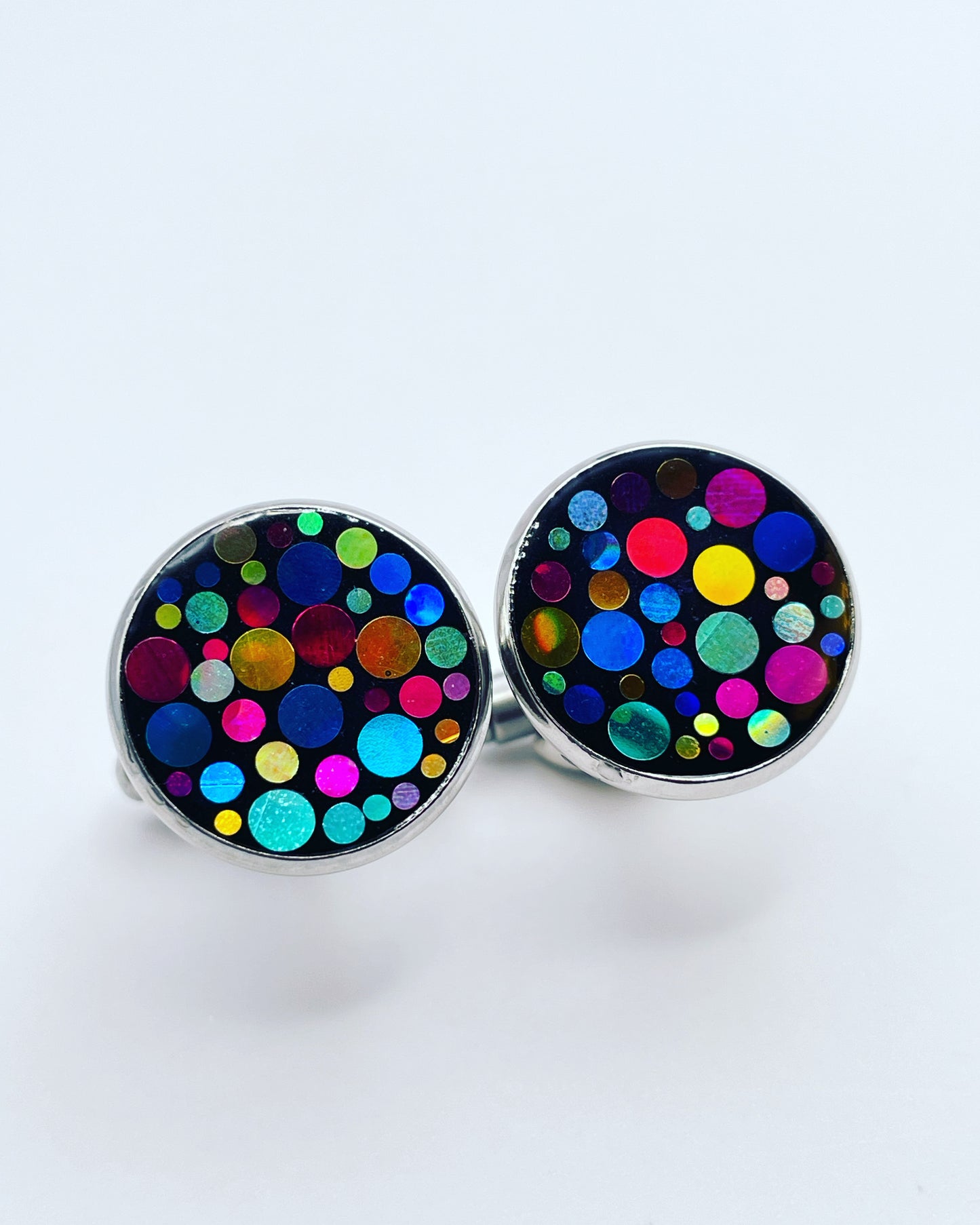 Disco cufflinks with colourful sparkles in 14mm