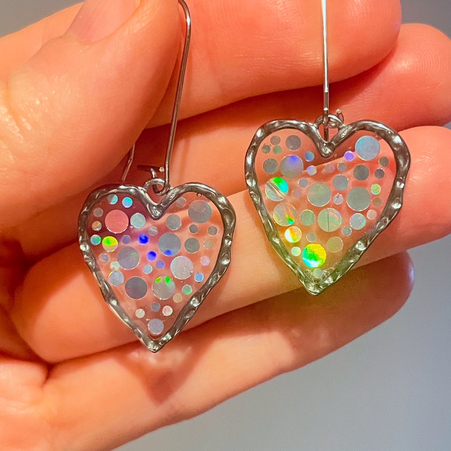 Disco heart earrings with  holographic silver sparkles