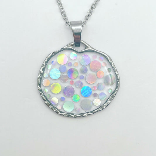 Small disco pendant necklace with  holographic silver sparkles