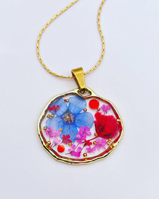 Pendant Necklace with red poppies and blue flowers
