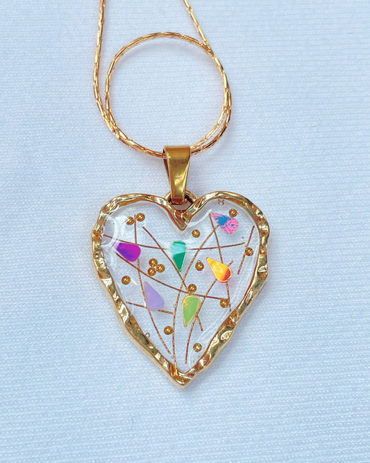 Disco heart pendant necklace with gold or silver sparkles