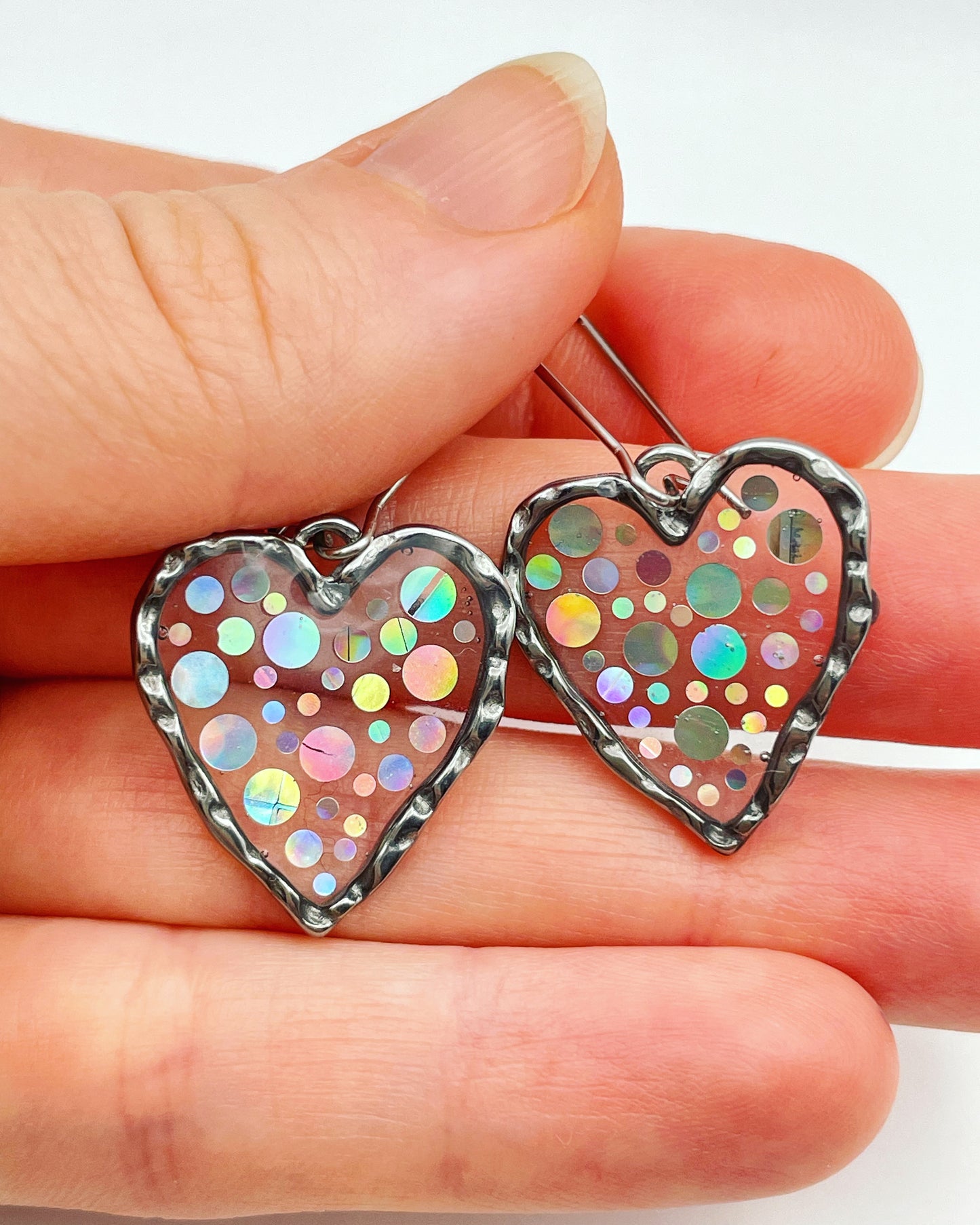 Disco heart earrings with  holographic silver sparkles
