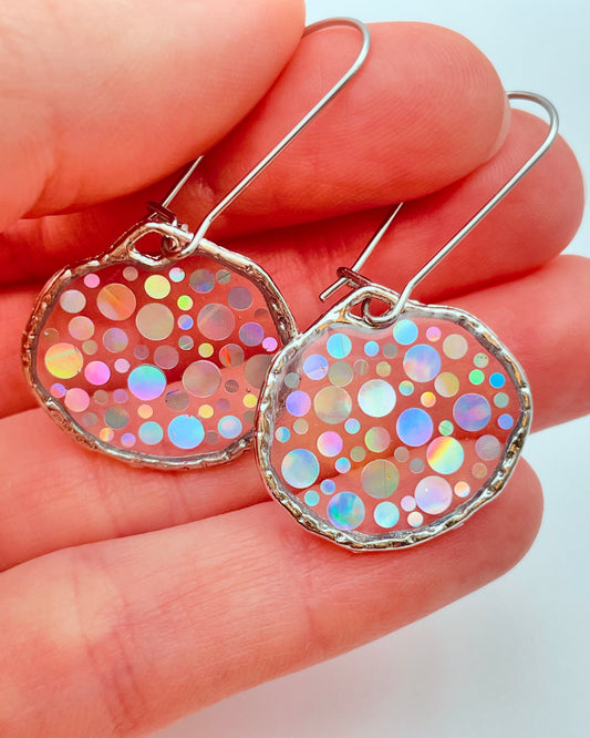 Small disco earrings with holographic silver sparkles