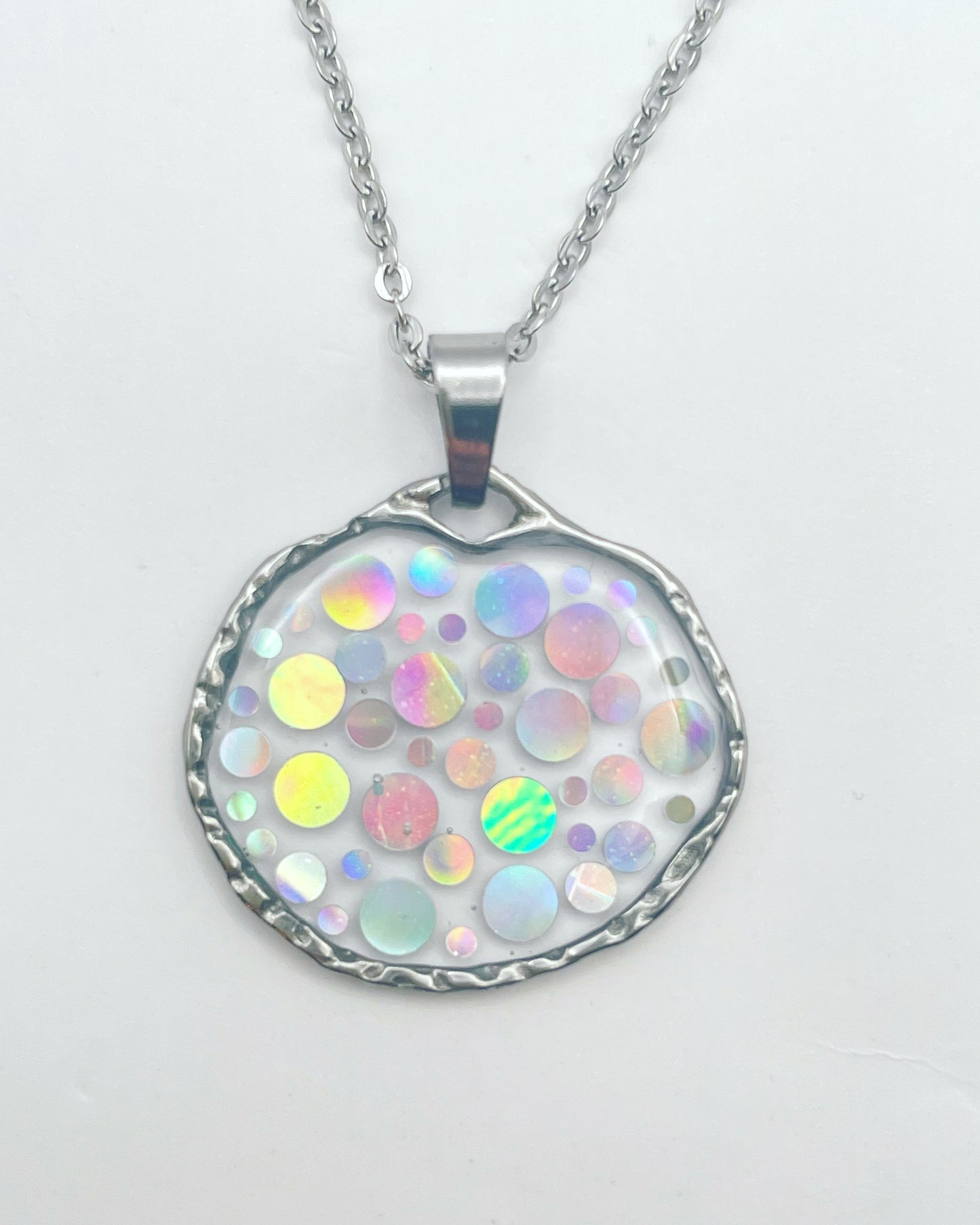 Small disco pendant necklace with  holographic silver sparkles