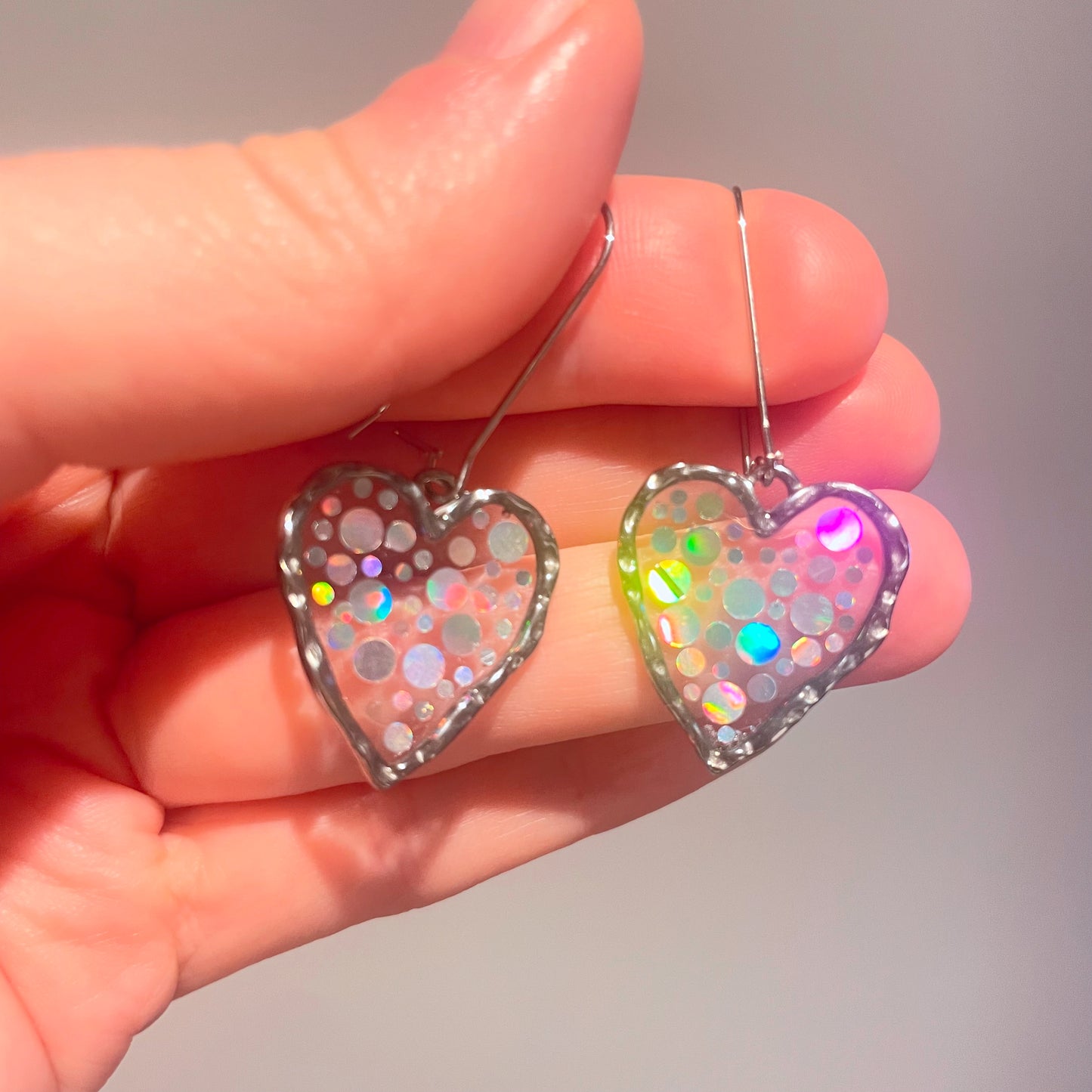 Disco heart earrings with  holographic silver sparkles
