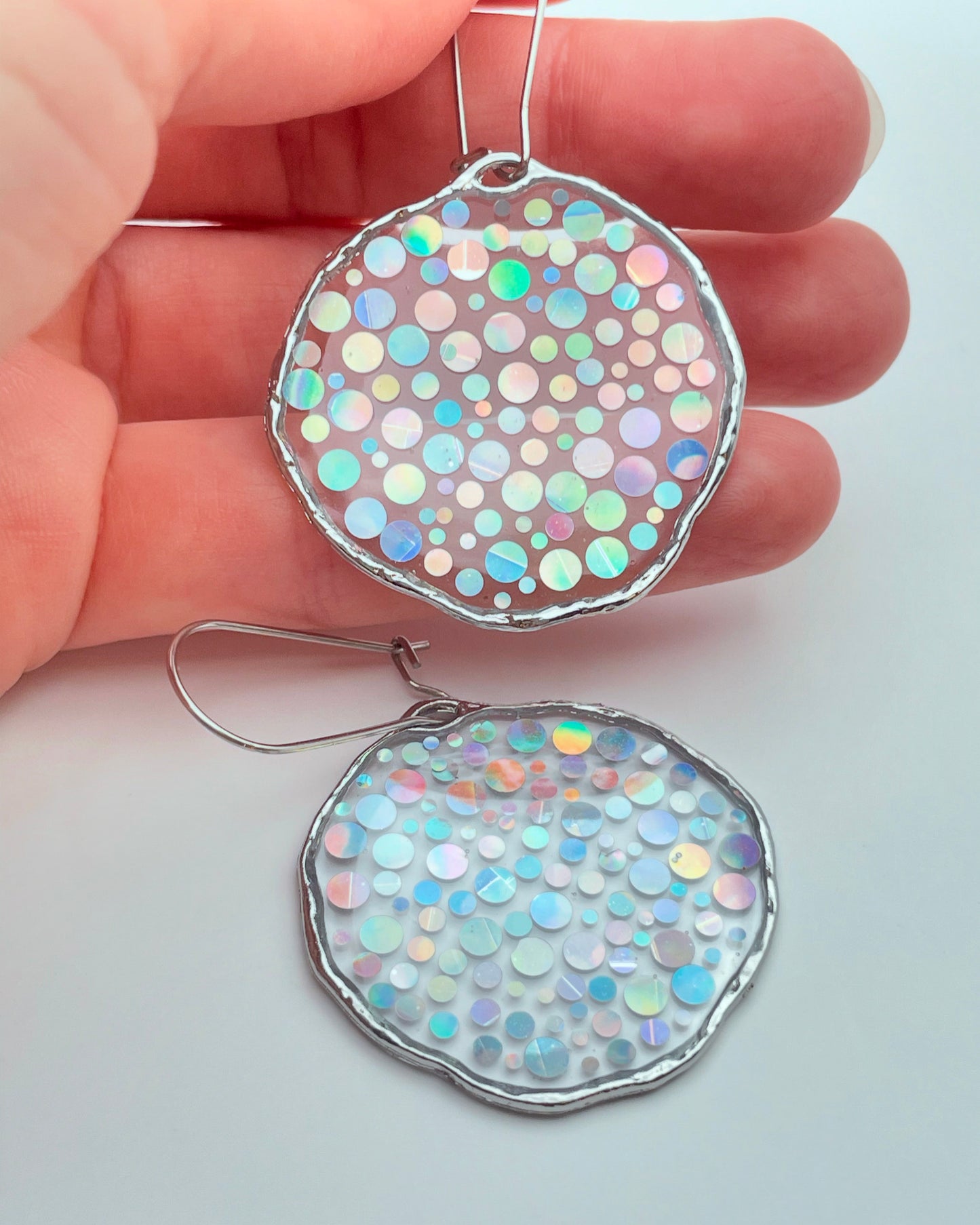 Medium disco earrings with holographic silver sparkles