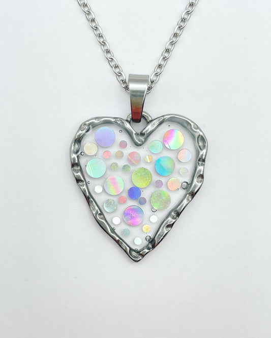 Disco heart necklace with holographic silver sparkles