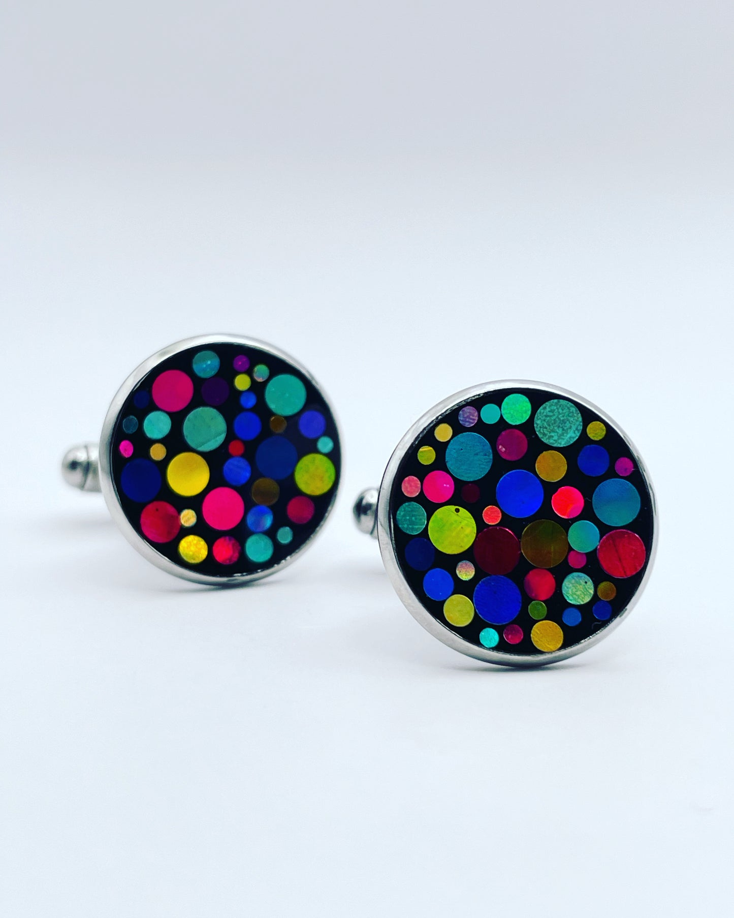 Disco cufflinks with colourful sparkles in 14mm