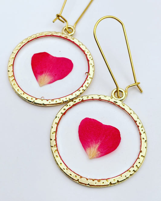Gold dangle earrings with real red rose petal