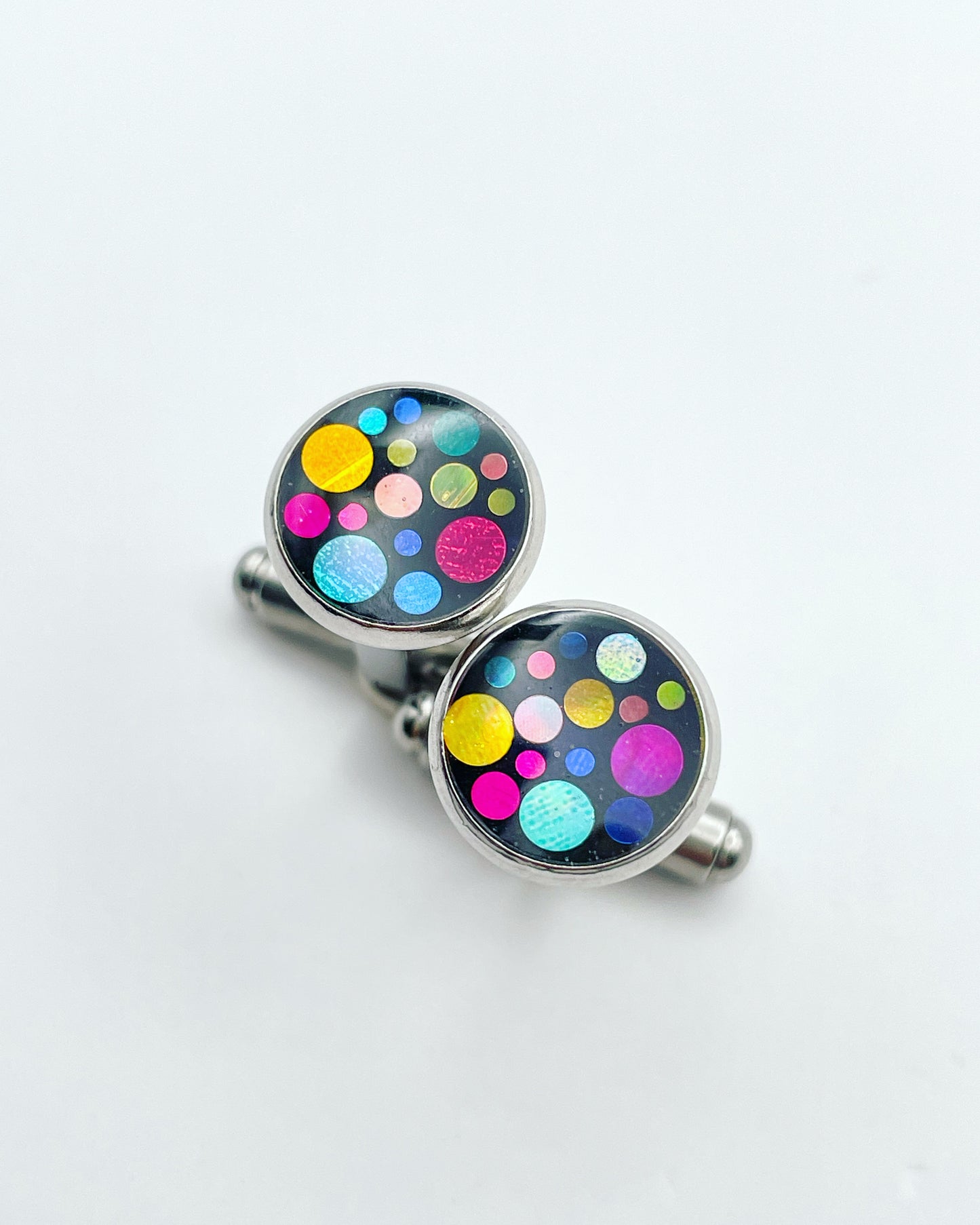 Disco cufflinks with colourful sparkles in 10mm
