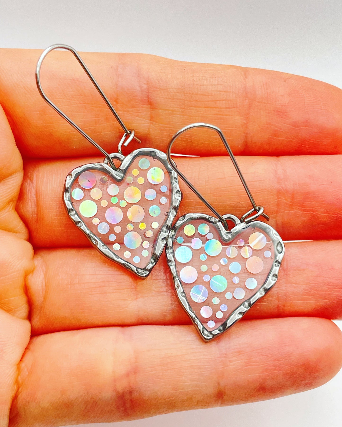 Disco heart earrings with  holographic silver sparkles