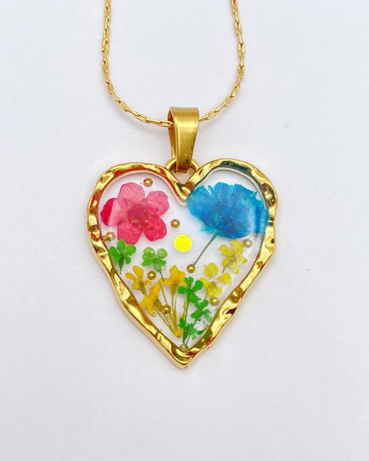 Heart necklace with colourful flowers in gold or silver