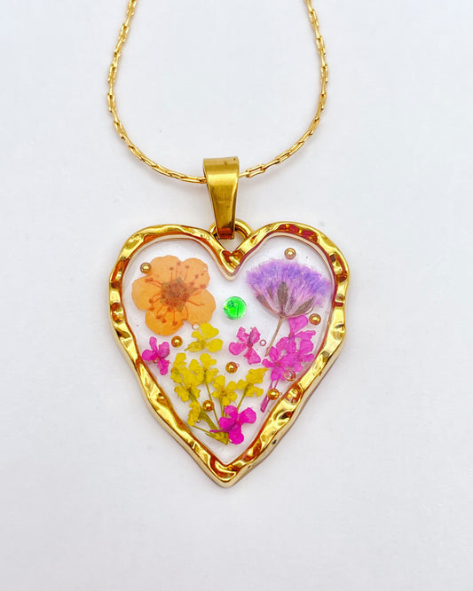 Heart pendant necklace with pastel flowers in gold or silver