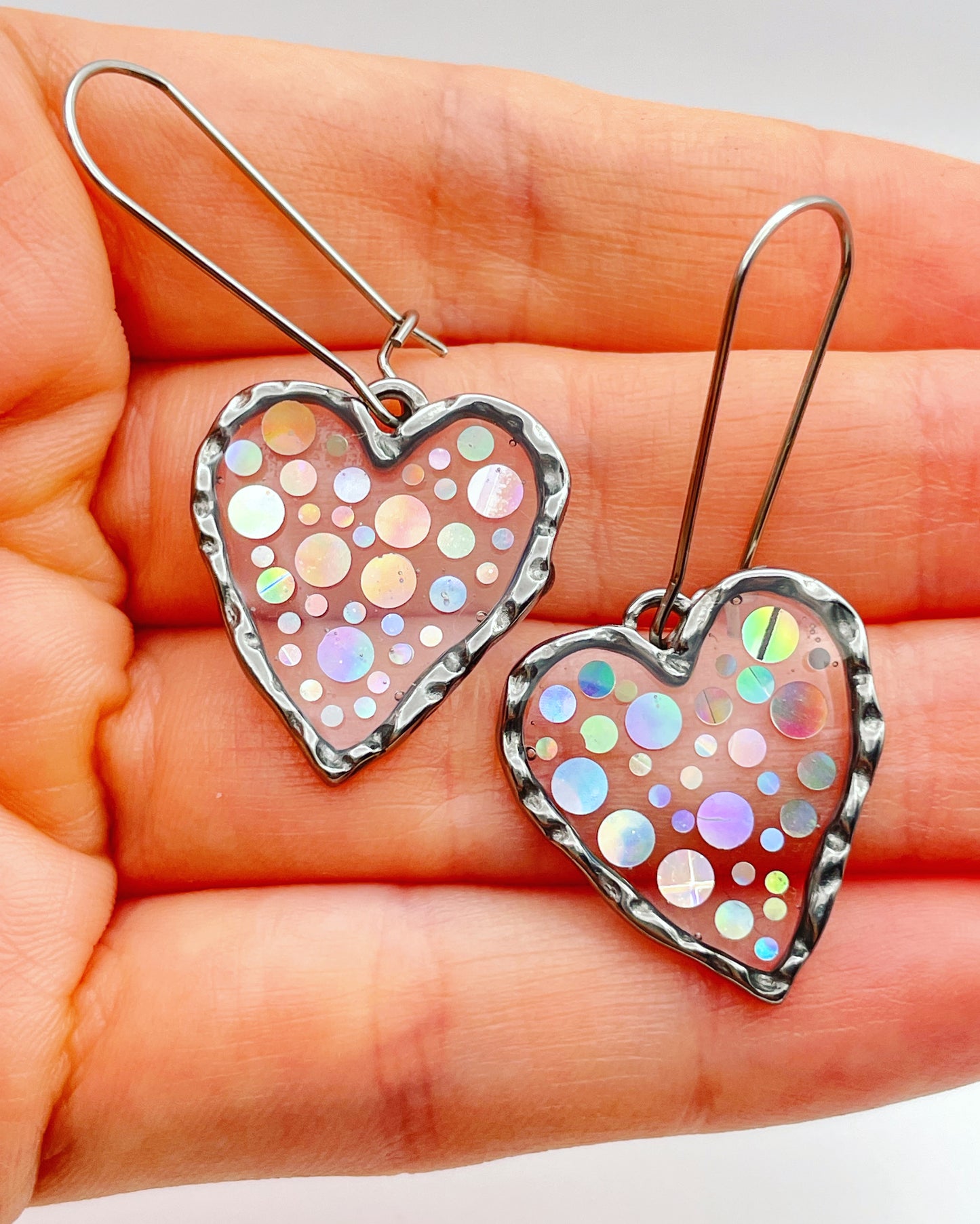 Disco heart earrings with  holographic silver sparkles