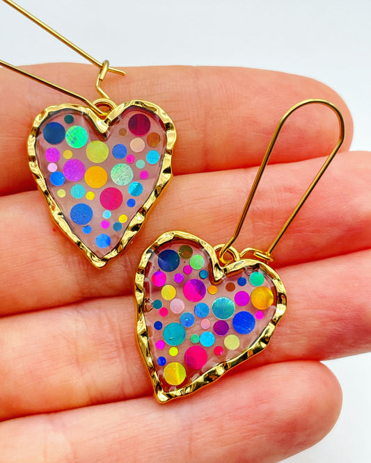 Disco heart earrings with colourful sparkles