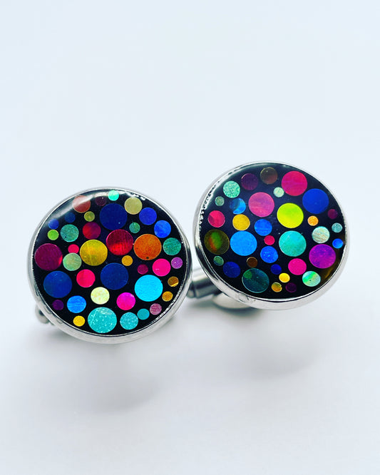 Disco cufflinks with colourful sparkles in 14mm