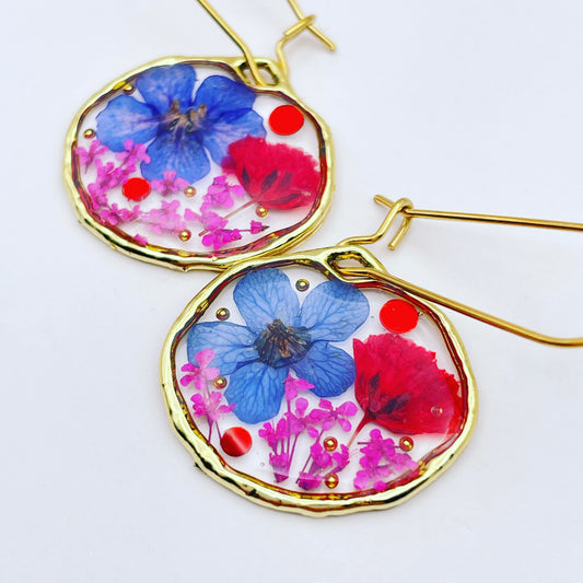 Dangle earrings with red poppies and blue flowers