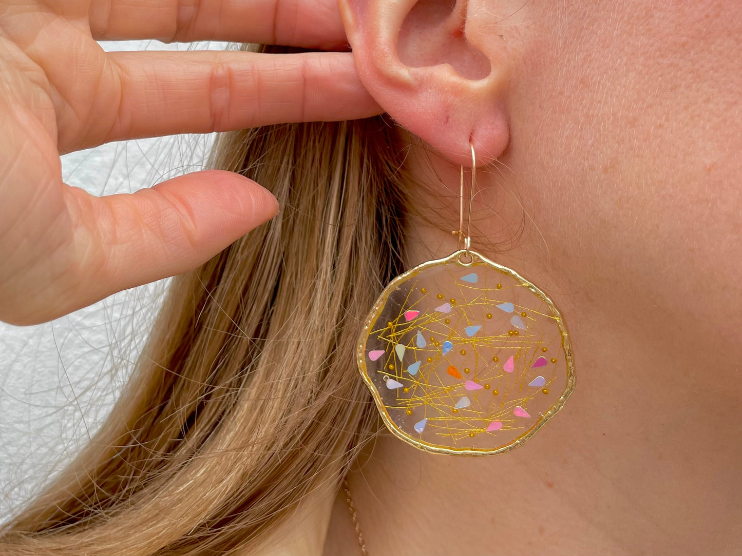 Large dangle earrings with real flowers and gold leaf