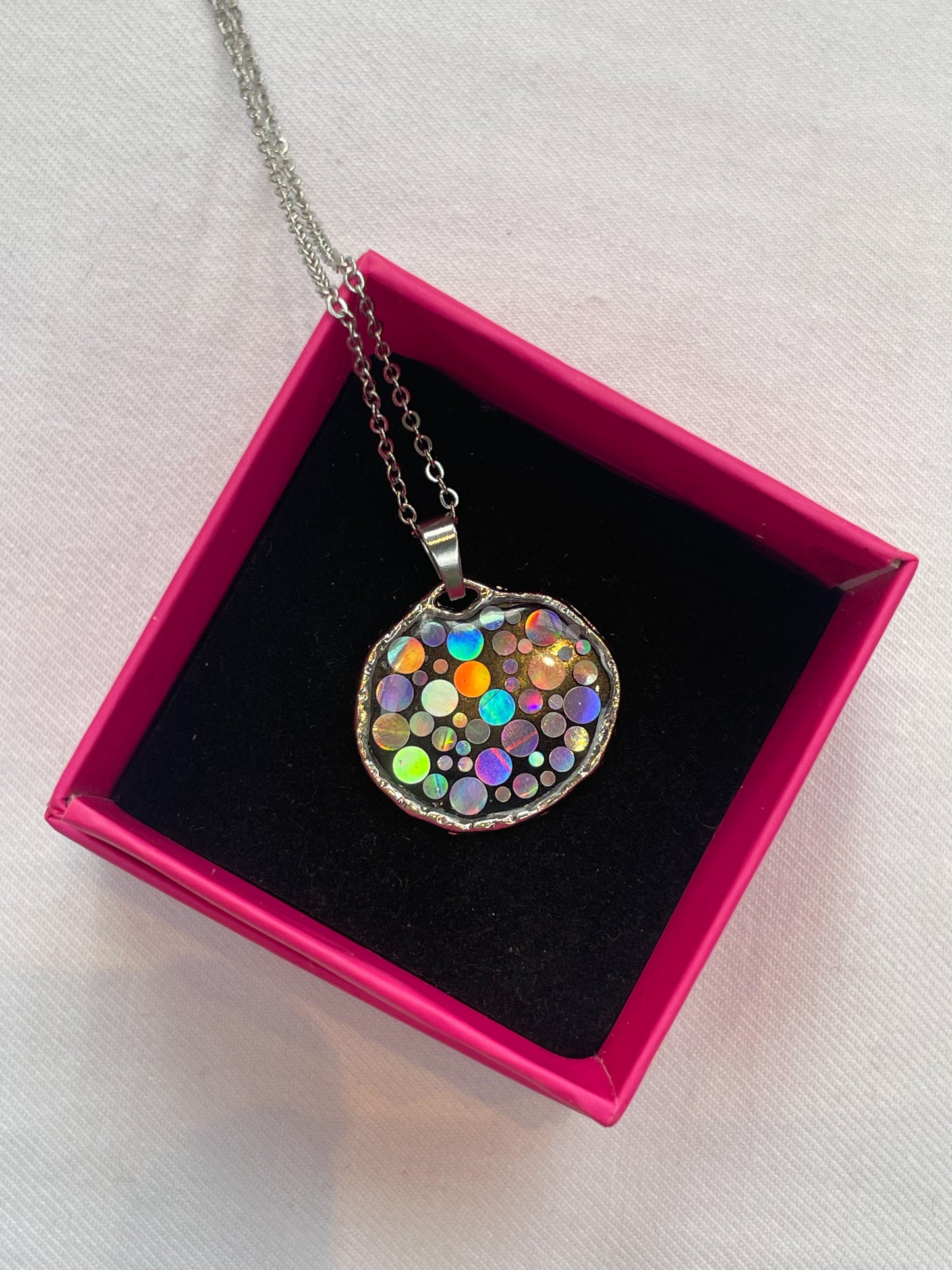 Small disco pendant necklace with  holographic silver sparkles
