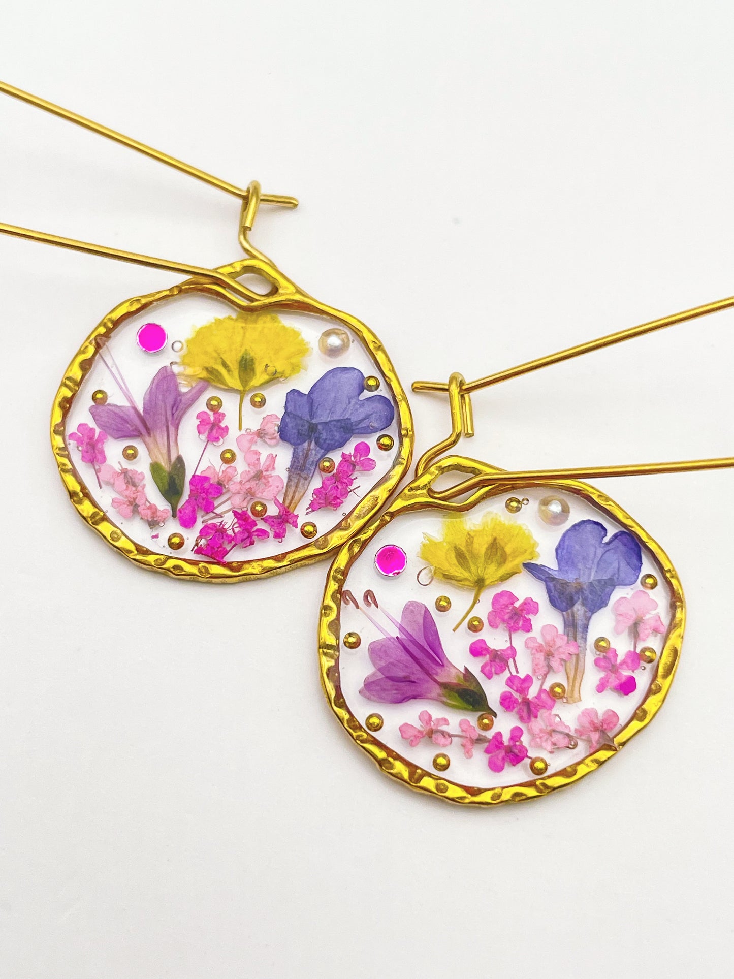 Dangle earrings with real lavender and pink flowers
