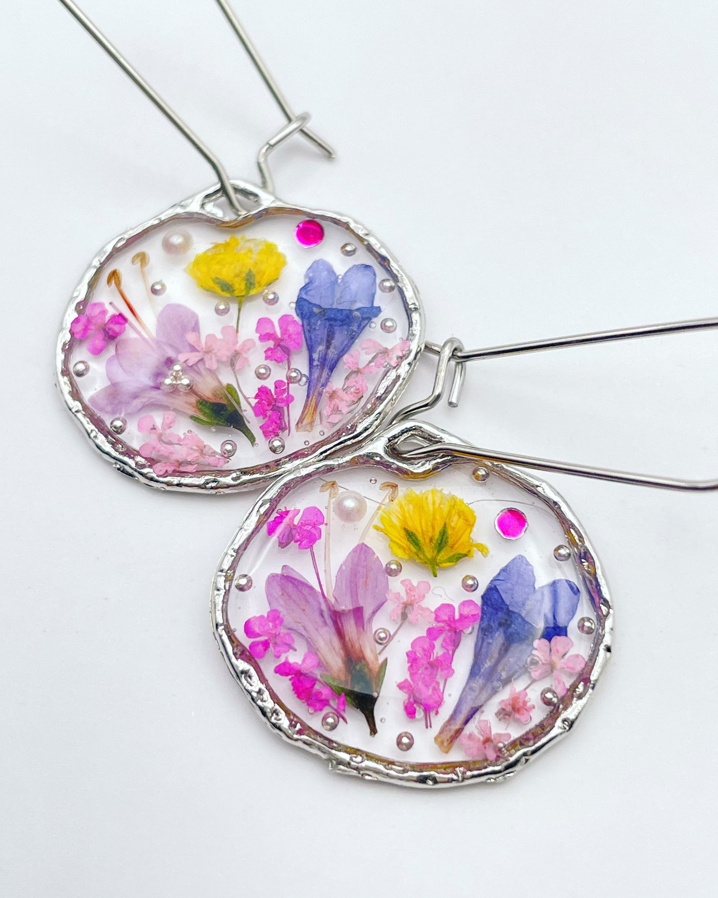 Dangle earrings with real lavender and pink flowers