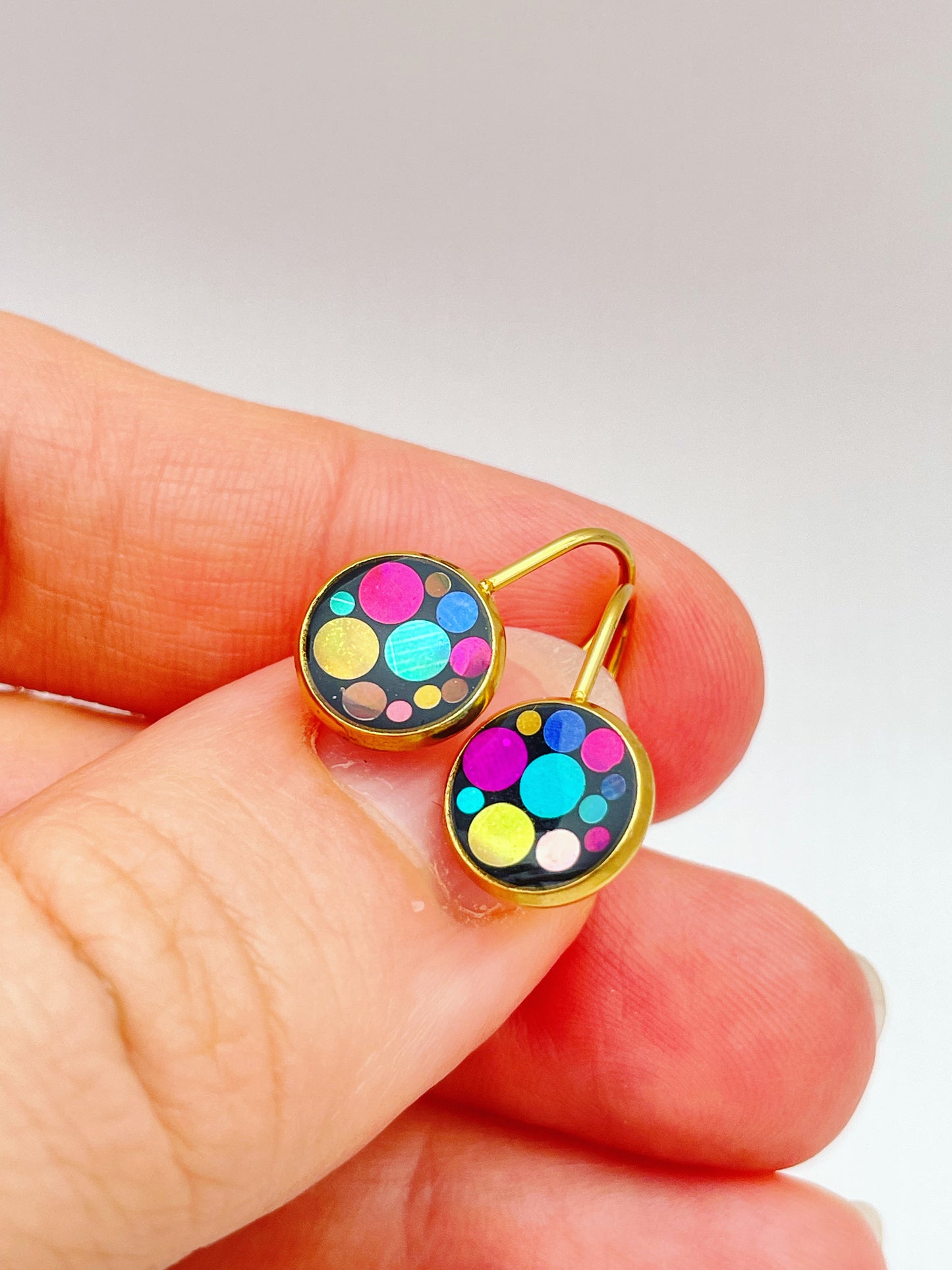 Mini disco drop earrings with colourful sparkles in black lacquer