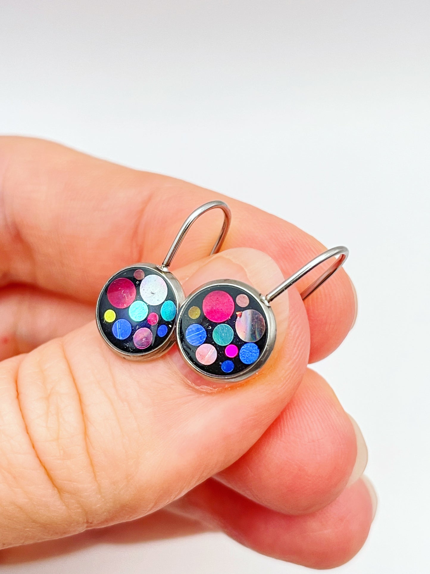 Mini disco drop earrings with colourful sparkles in black lacquer