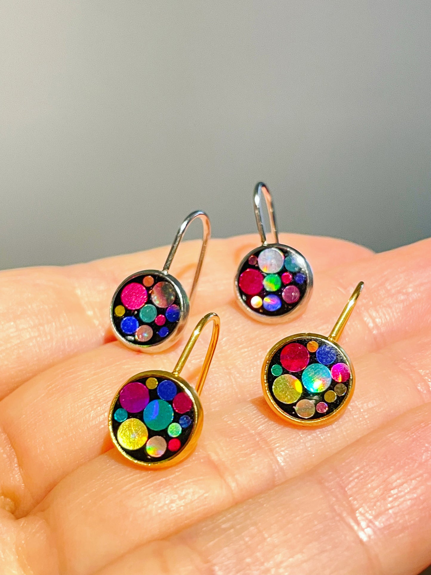 Mini disco drop earrings with colourful sparkles in black lacquer