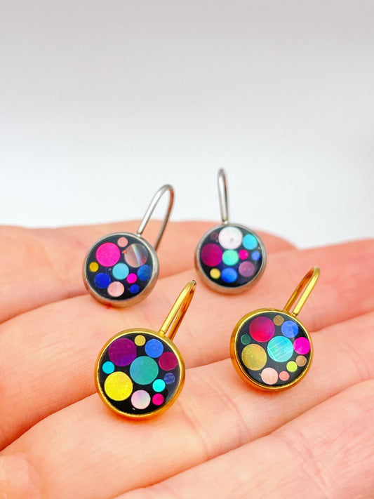 Mini disco drop earrings with colourful sparkles in black lacquer