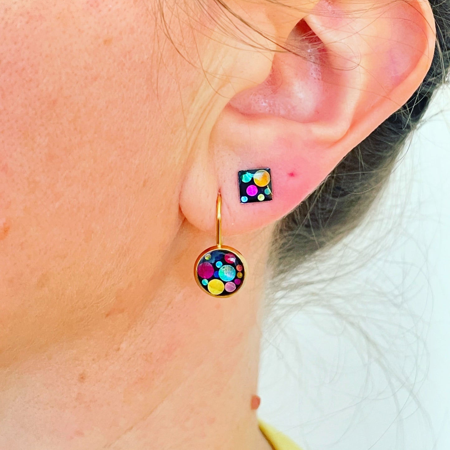 Mini disco drop earrings with colourful sparkles in black lacquer