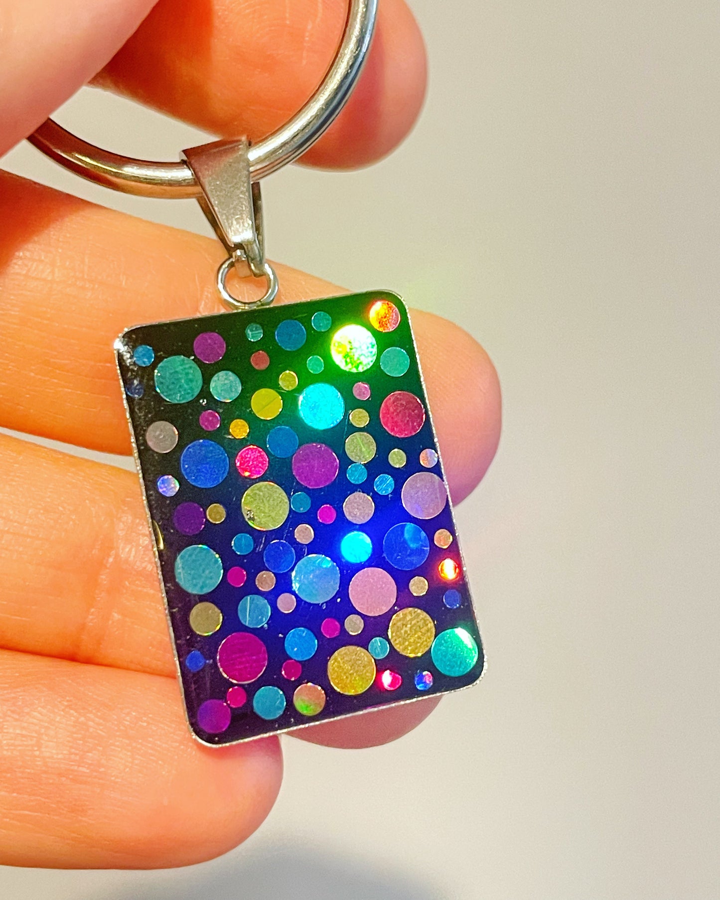 Disco keyrings with colourful sparkles circle or rectangle