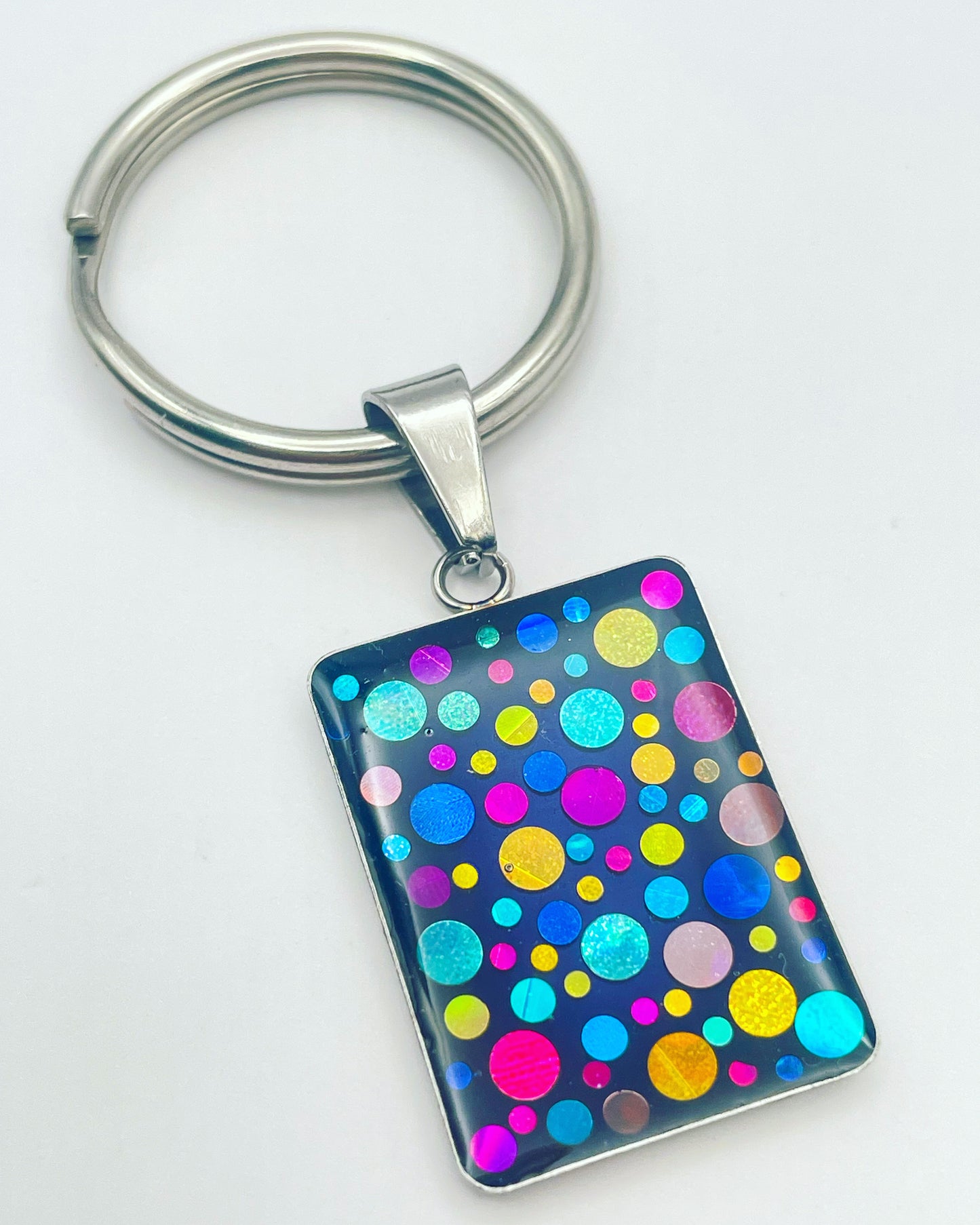 Disco keyrings with colourful sparkles circle or rectangle