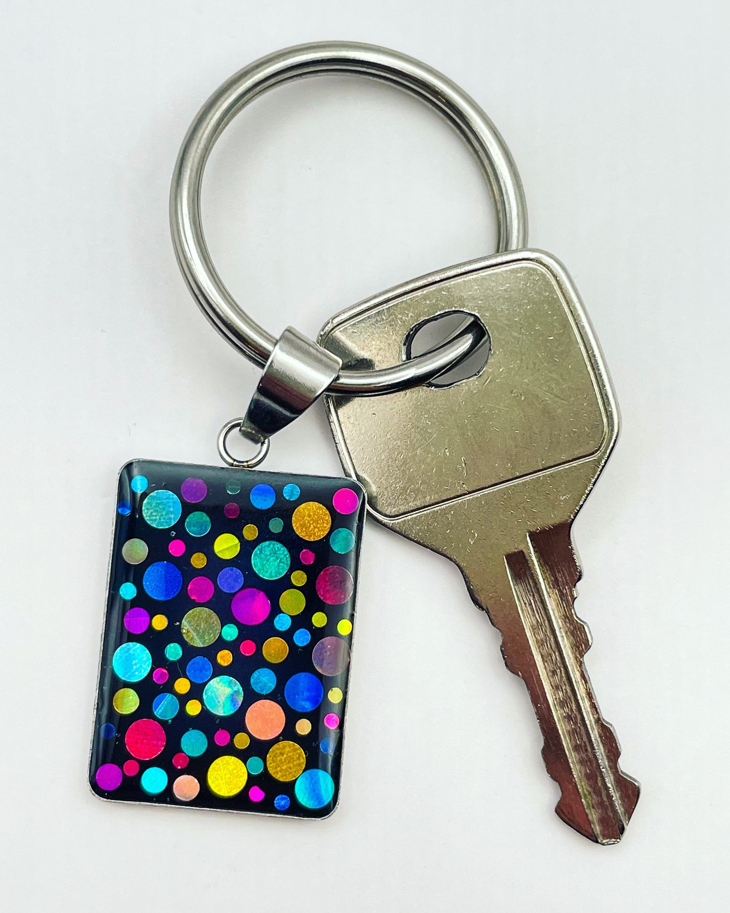 Disco keyrings with colourful sparkles circle or rectangle