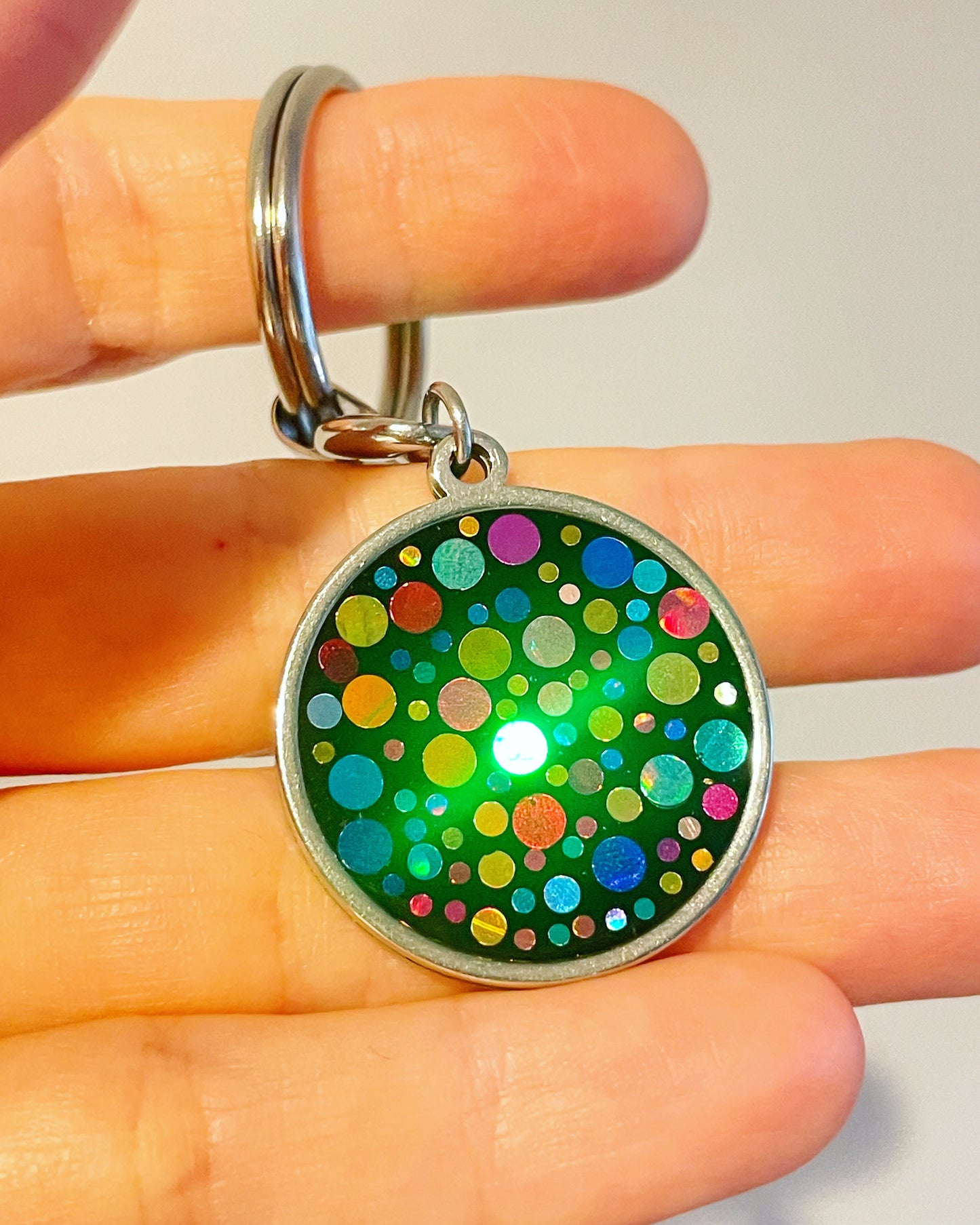 Disco keyrings with colourful sparkles circle or rectangle