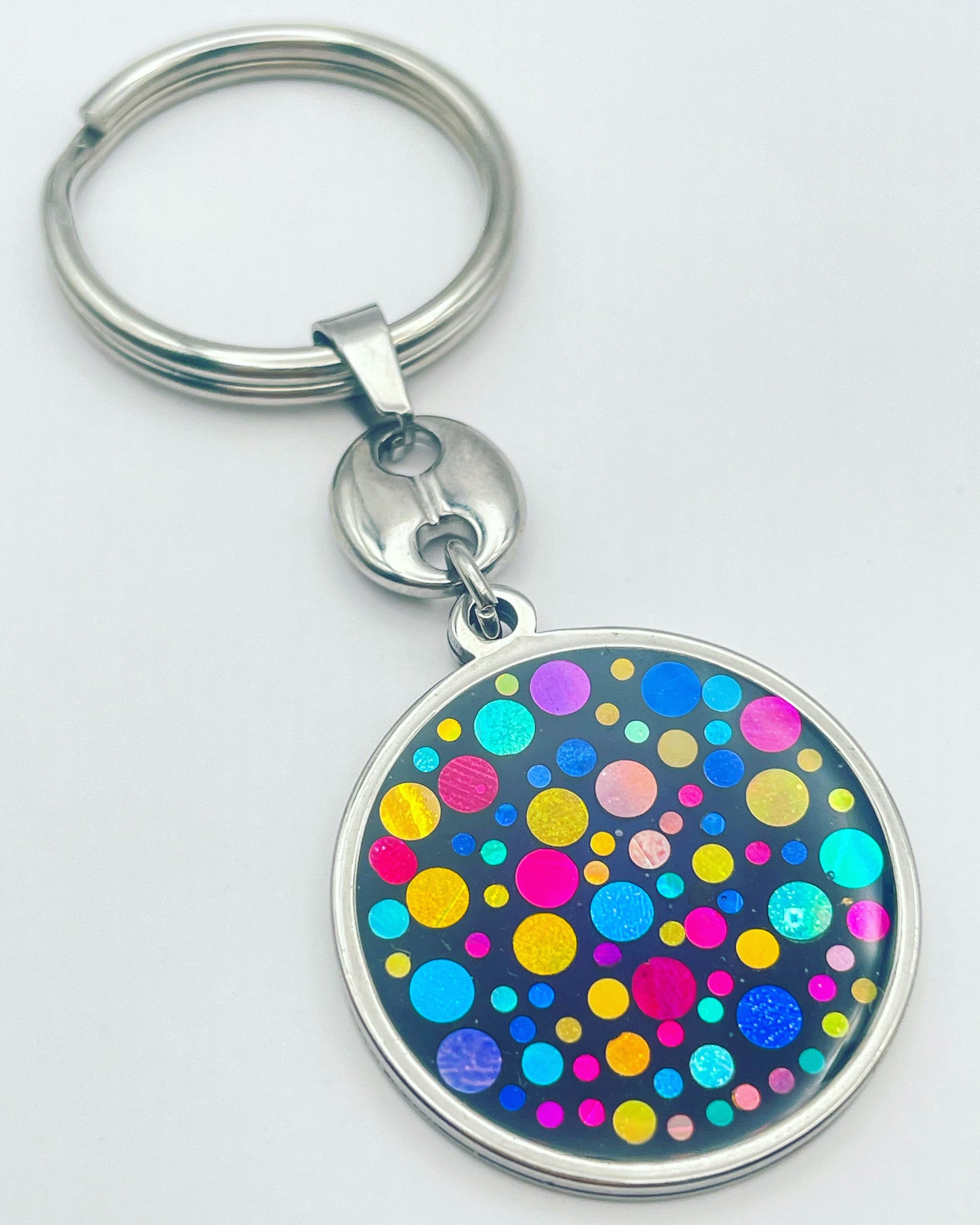 Disco keyrings with colourful sparkles circle or rectangle