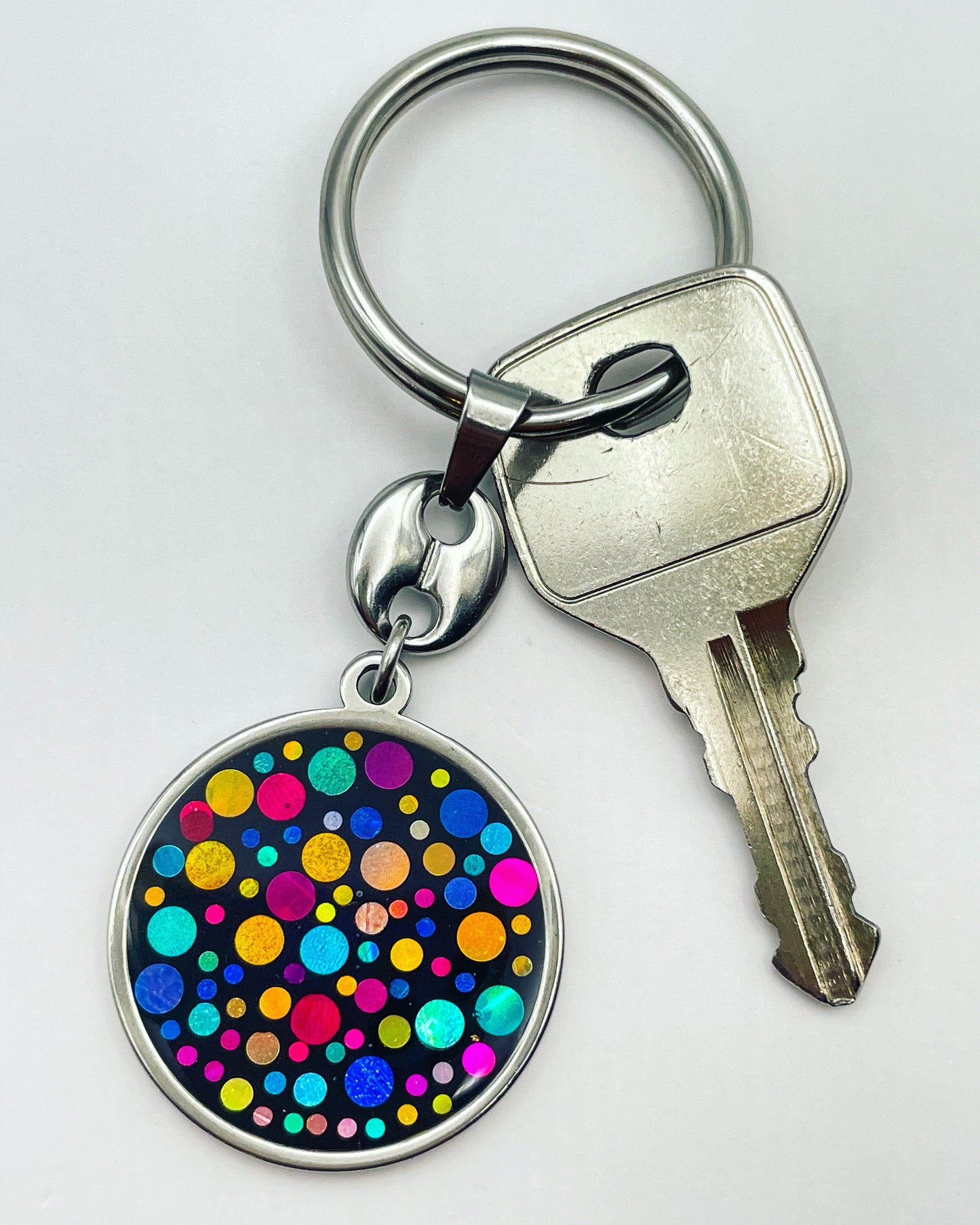 Disco keyrings with colourful sparkles circle or rectangle