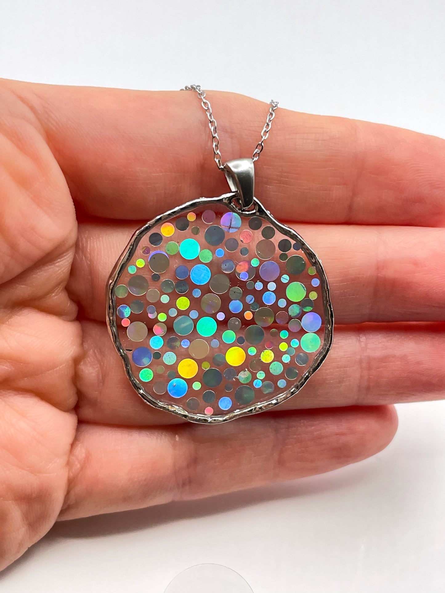 Medium disco necklace with holographic silver sparkles