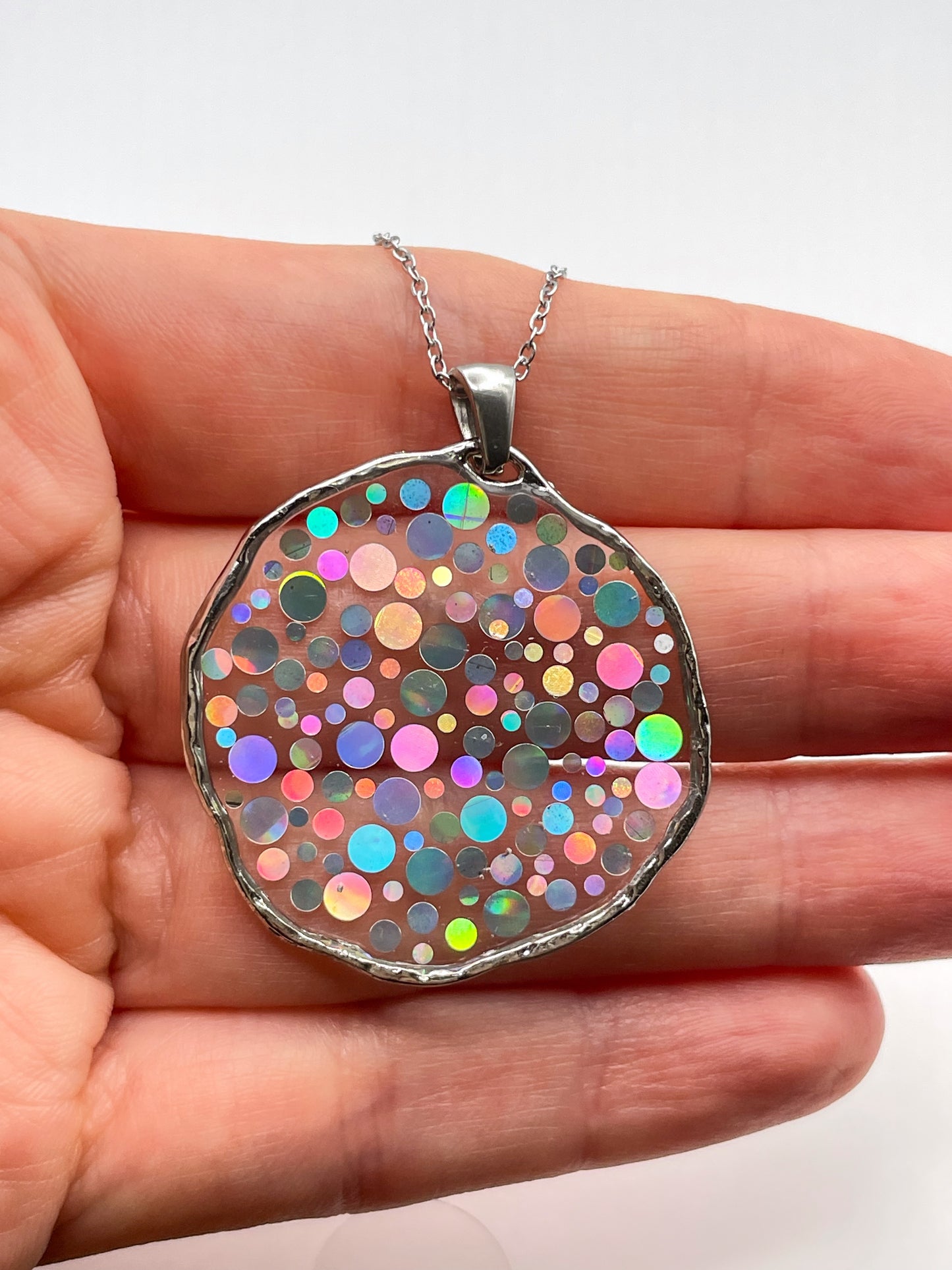 Medium disco necklace with holographic silver sparkles